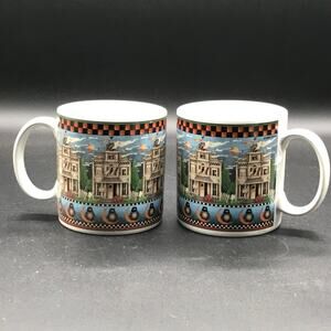 2 Vintage Sakura Debbie Mumm Stoneware Halloween Cat Crescent Moon Pumpkins Mugs